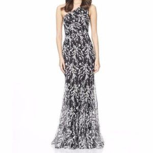 David Meister NWT One Shoulder Black White Embroidered Maxi Dress Sheer Gown 2